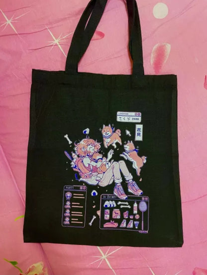 Cute Shiba Inu Anime Girl Cartoon Tote Canvas Bag Shopper Shoulder Bag Aesthetic Casual Summer E-Girl Kawaii Korean Japanese Harajuku