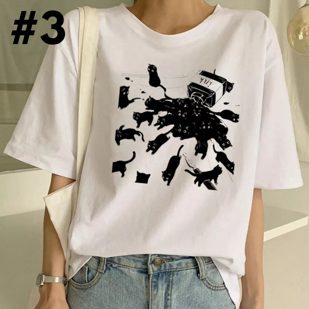 Cute Cat Starry Night Powerline Print Short Sleeve T-shirt Vintage Aesthetic Casual E-Girl Kawaii Korean Japanese Harajuku