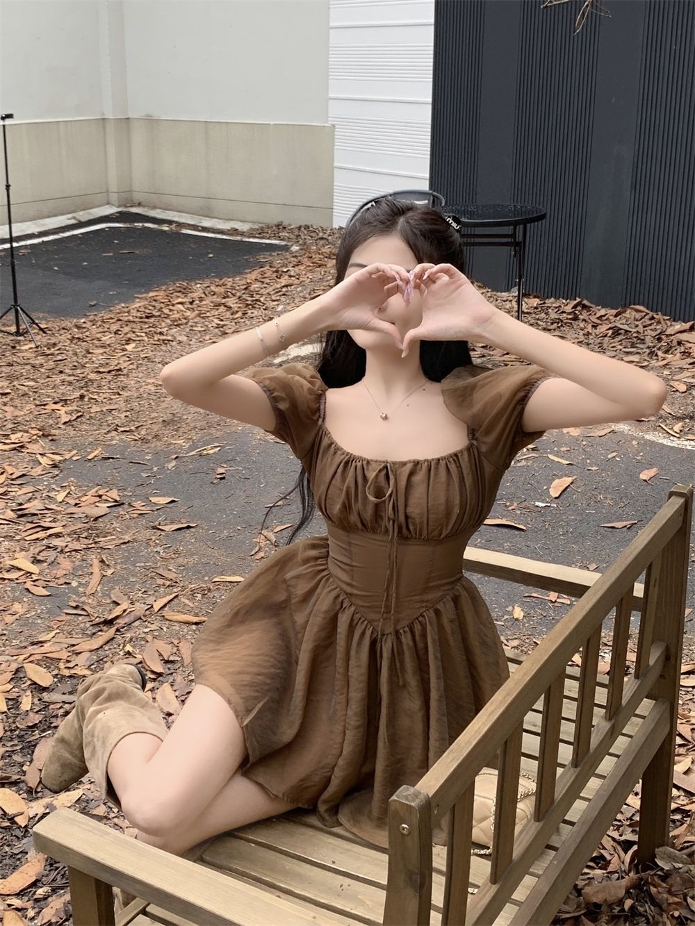 Brown Squares Neck Puff Sleeve Dress