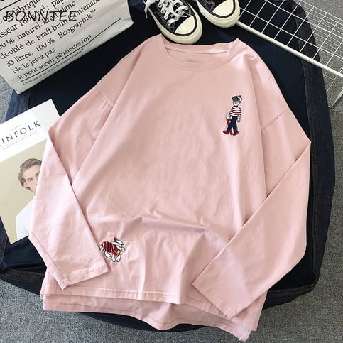 Cute Casual Summer Cartoon Funny Embroidery Loose Oversized Long Sleeve Tee Shirt T-shirt Top E-Girl Kawaii Korean Japanese Harajuku Retro Streetwear