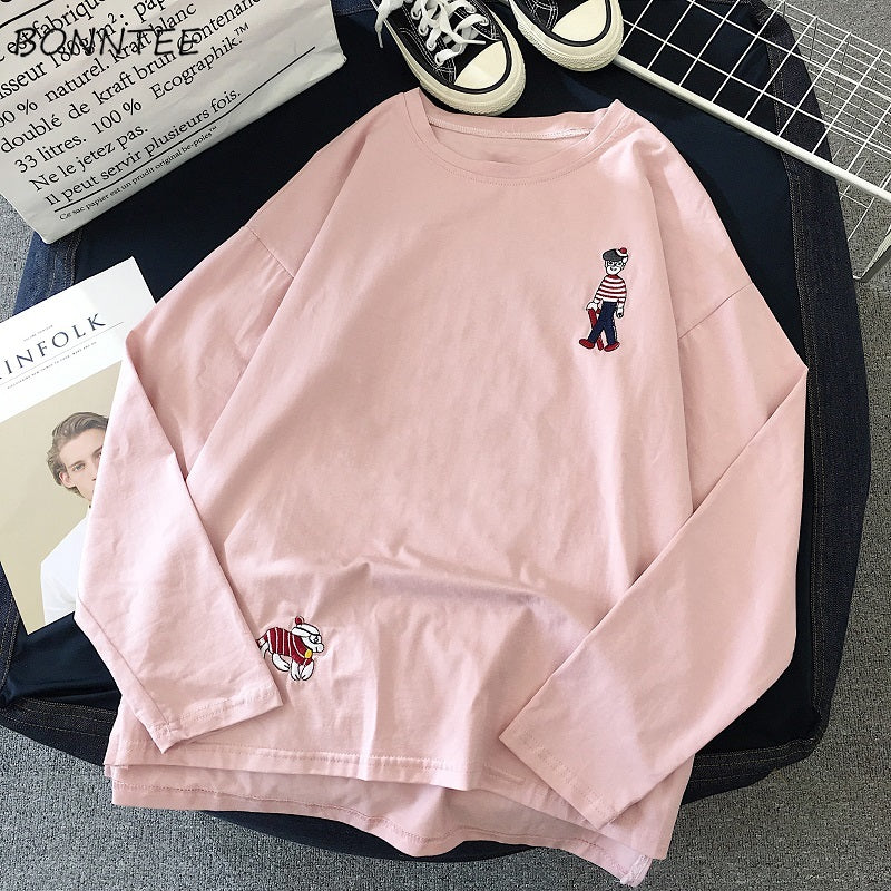 Cute Casual Summer Cartoon Funny Embroidery Loose Oversized Long Sleeve Tee Shirt T-shirt Top E-Girl Kawaii Korean Japanese Harajuku Retro Streetwear