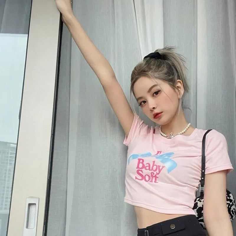 Pink Bow Print Crop Top