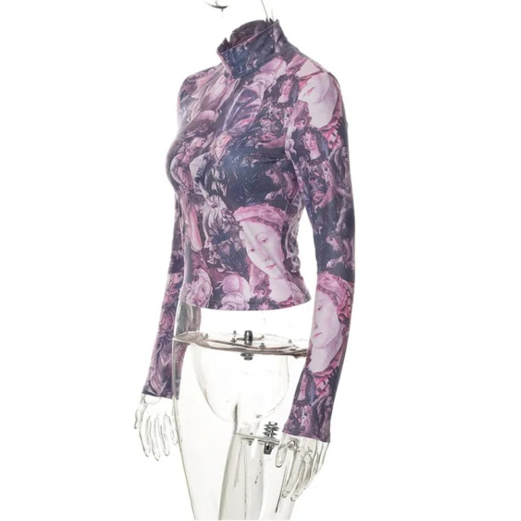 Purple Victorian Print Mesh Long Sleeve Shirt