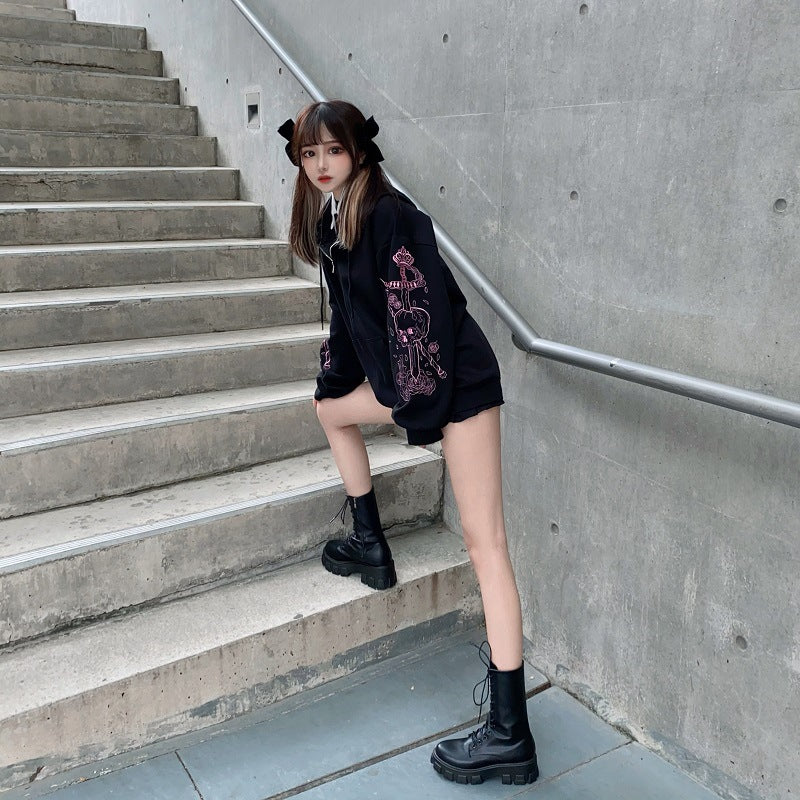 Black Skull Sword Print Zip Up Hoodie