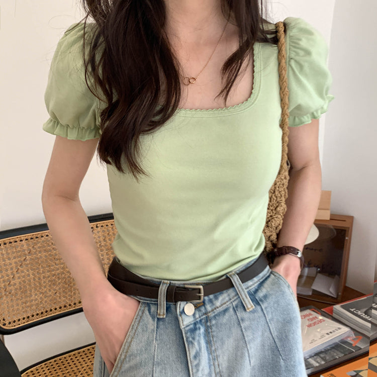 Green Puff Sleeve Square Collar Top