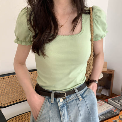 Green Puff Sleeve Square Collar Top