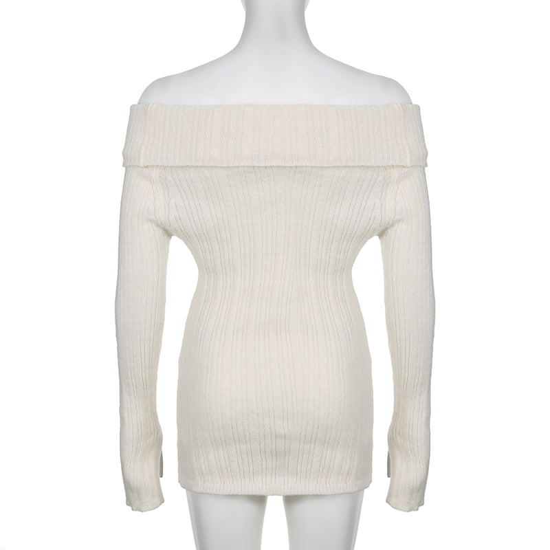 White Button Up Split Slash Neck Sweater