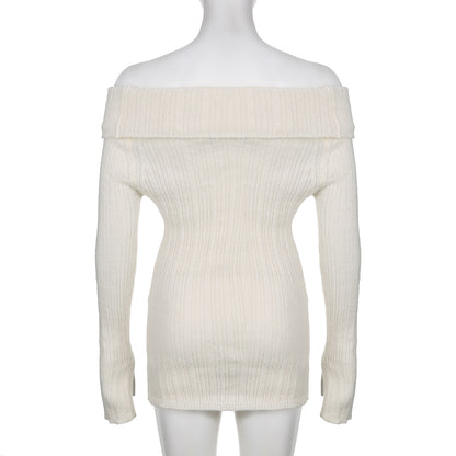 White Button Up Split Slash Neck Sweater