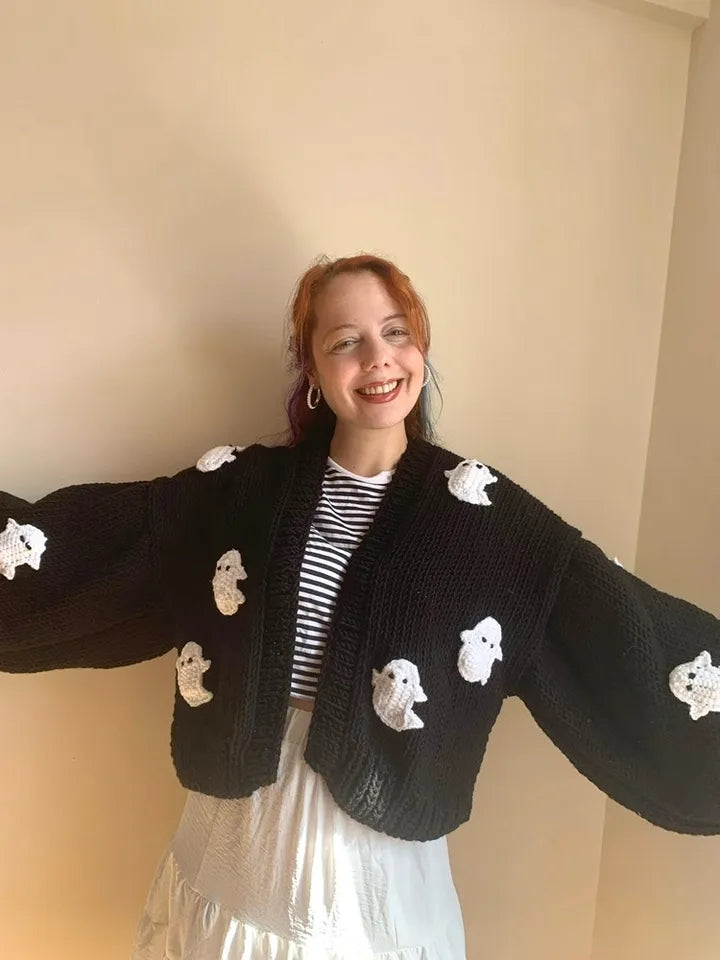 3D Black Ghost Crochet Sweater