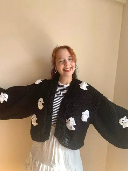 3D Black Ghost Crochet Sweater