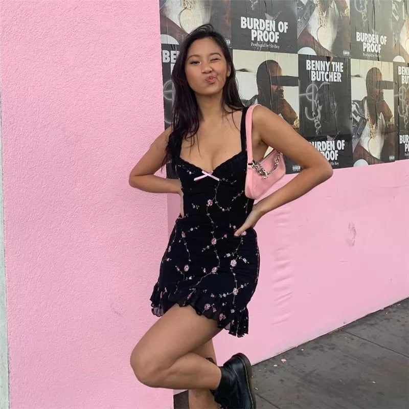 Cute Sweet Flower Mesh Embroidery V-neck Sling A-line Mini Dress Summer Aesthetic Casual E-Girl Kawaii Korean Japanese Harajuku