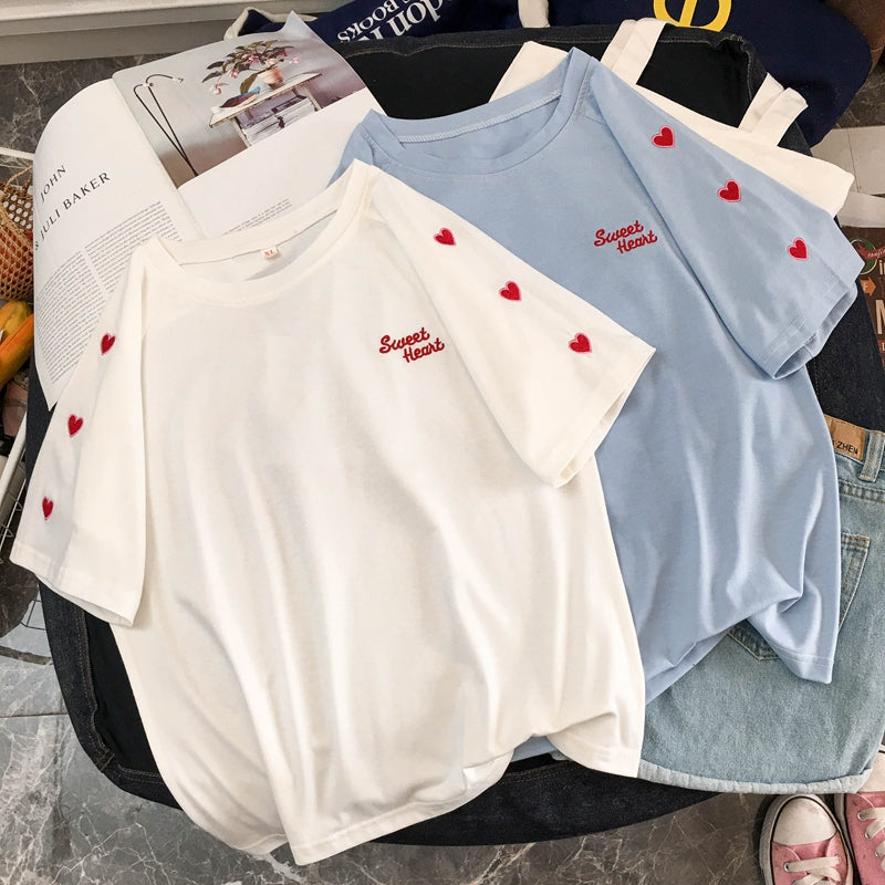 Cute Sweet Heart Embroidery Shirt T-shirt Tee Top Kawaii Korean Japanese Harajuku Chinese Retro Streetwear Aesthetic Fashion