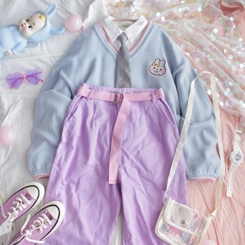 Cute Bunny Rabbit Embroidery Preppy Knit V Neck Vest Sweater Sweatshirt Loose Jumper Pullover Casual E-Girl Kawaii Korean Japanese Harajuku Streetwear