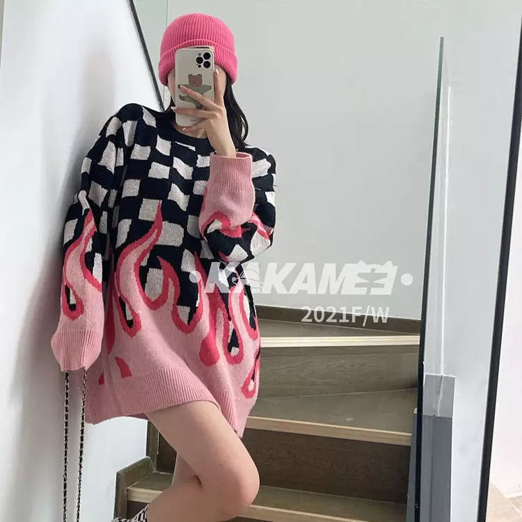Cute Hot Pink Flames Fire Checkerboard Plaid Oversized Knit Sweater Pullover Aesthetic Casual E-Girl Kawaii Korean Japanese Harajuku