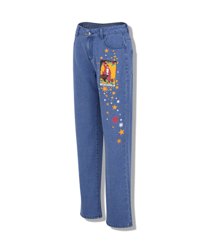 Vintage Star Moon Night Sky Women Heans Pattern Print Autumn Winter Demin Trouser Blue Pants Bottom E-Girl Kawaii Korean Japanese Harajuku Streetwear
