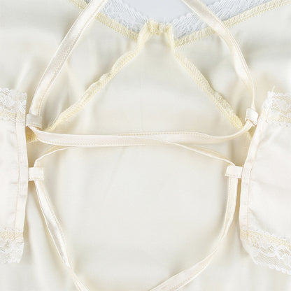 Sexy Bandage Lace Trim Sweet Satin V Neck Crop Top Camisole Spaghetti Strap Backless Shirt E-Girl Kawaii Korean Japanese Harajuku Streetwear