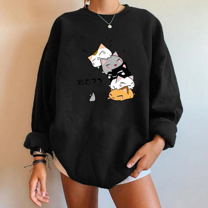 Cute Cat Print Oversized Sweatshirt Pullover Sweater Hoodie Aesthetic Casual E-Girl Kawaii Korean Japanese Harajuku
