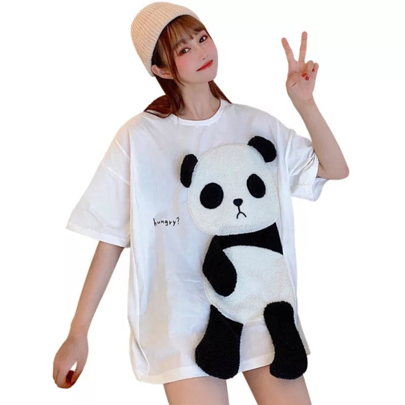 Cute Panda Bear Fleece Hungry Casual Summer Oversized Short Sleeve Tee Shirt T-shirt Top E-Girl Kawaii Korean Japanese Harajuku Streetwear