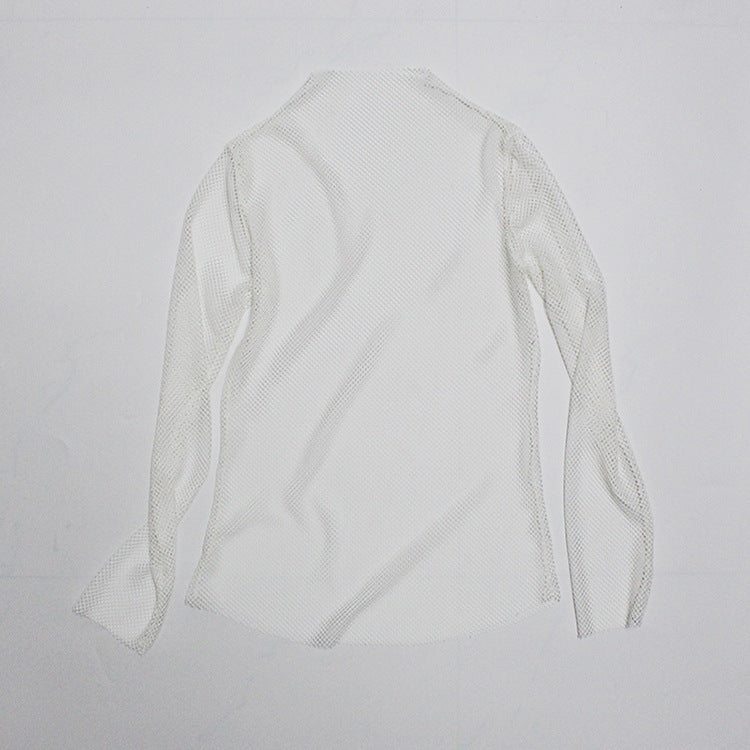 Cute Sexy Transparent Fishnet Mesh Lace Top Long Sleeve Shirt Tee T-shirt E-Girl Kawaii Korean Japanese Harajuku Chinese Retro Streetwear Aesthetic