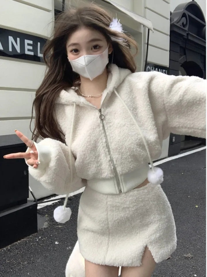 2PCS White Soft Zipper Hoodie + Split Mini Skirt