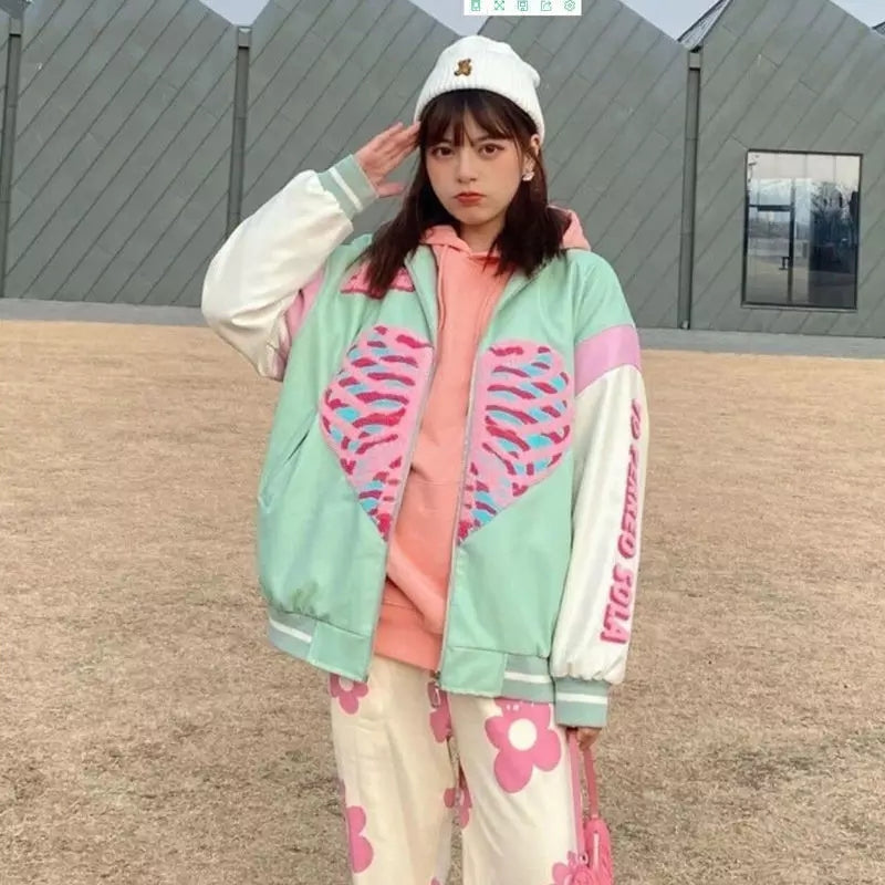 Retro Vintage Pastel Heart Ribs Print Oversized Long Sleeve Zipper Hoodie Sweatshirt Aesthetic Casual E-Girl Kawaii Korean Japanese Harajuku