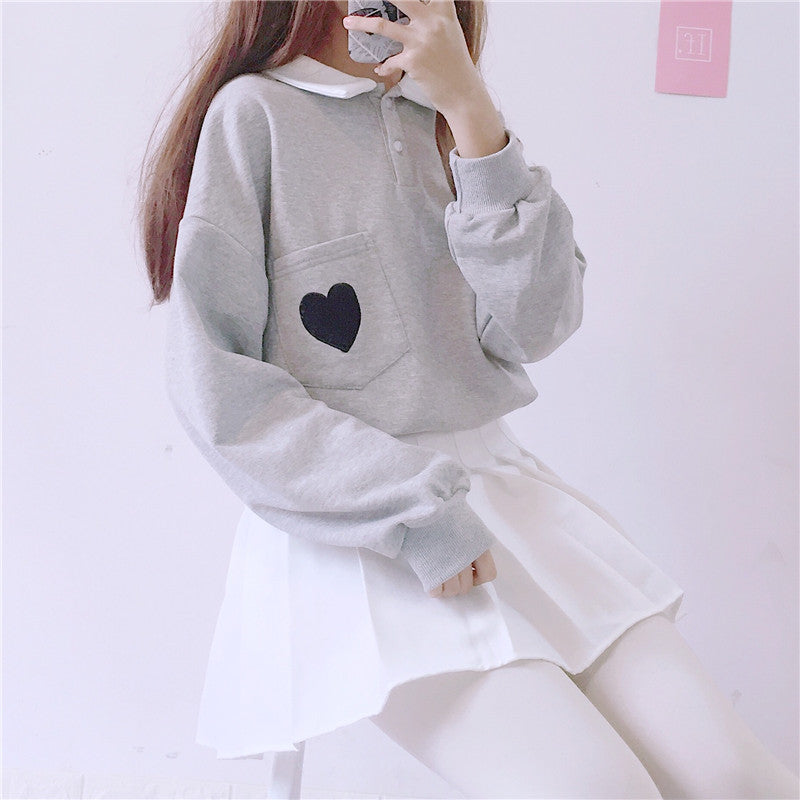 Cute Heart Embroidery Pocket Oversized Sweater Long Sleeve Shirt Pullover Hoodie Sweatshirt E-Girl Kawaii Korean Japanese Harajuku Retro Streetwear