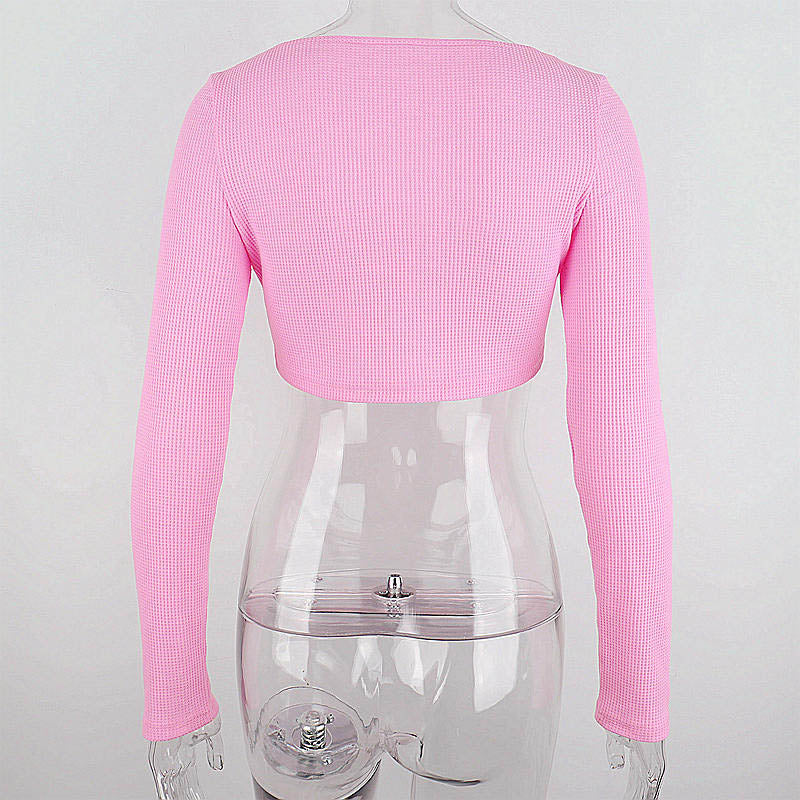 Pink Ribbed Long Sleeve Crop Top