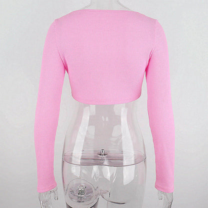 Pink Ribbed Long Sleeve Crop Top
