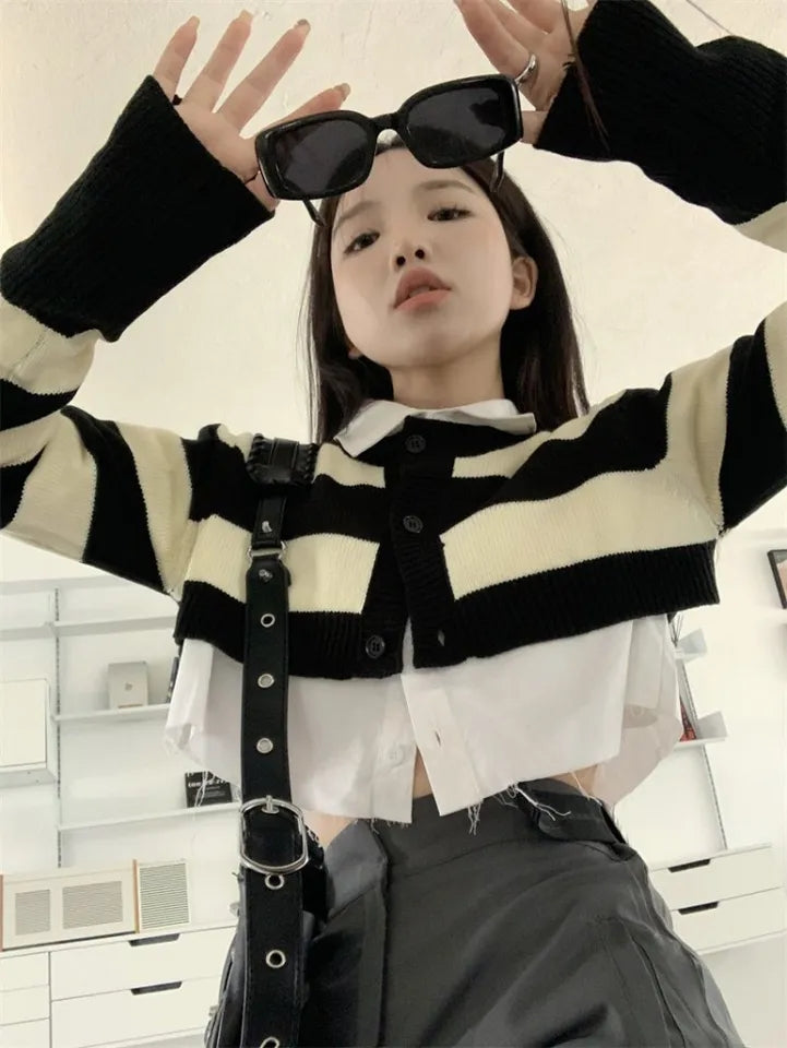 2PCS Stripe Sweater + White Shirt