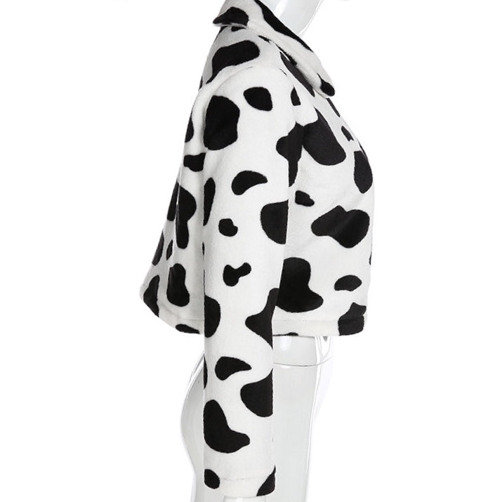 Cute Cow Animal Print Faux Fur Coat Jacket Zipper Sweater Jumper Casual E-Girl Kawaii Korean Japanese Harajuku Chinese Retro Streetwear Aesthetic