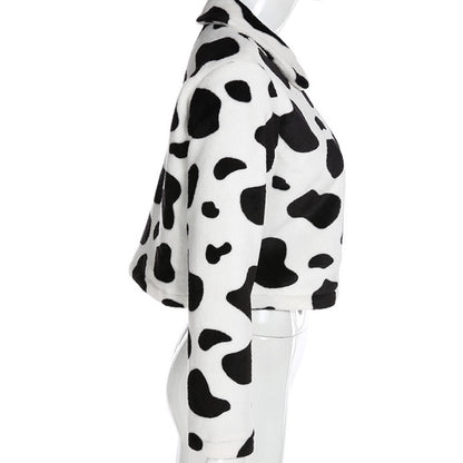 Cute Cow Animal Print Faux Fur Coat Jacket Zipper Sweater Jumper Casual E-Girl Kawaii Korean Japanese Harajuku Chinese Retro Streetwear Aesthetic