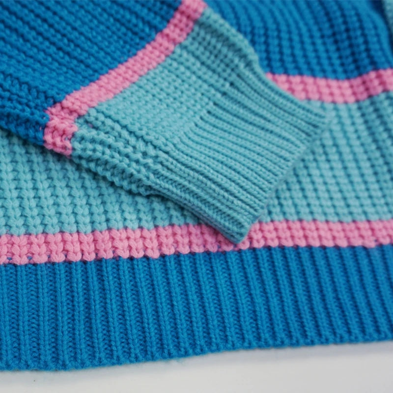 Blue Patchwork Turtleneck Sweater