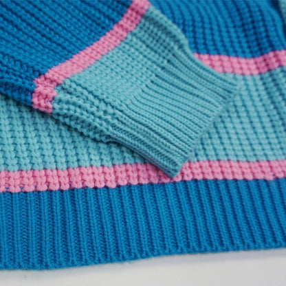 Blue Patchwork Turtleneck Sweater