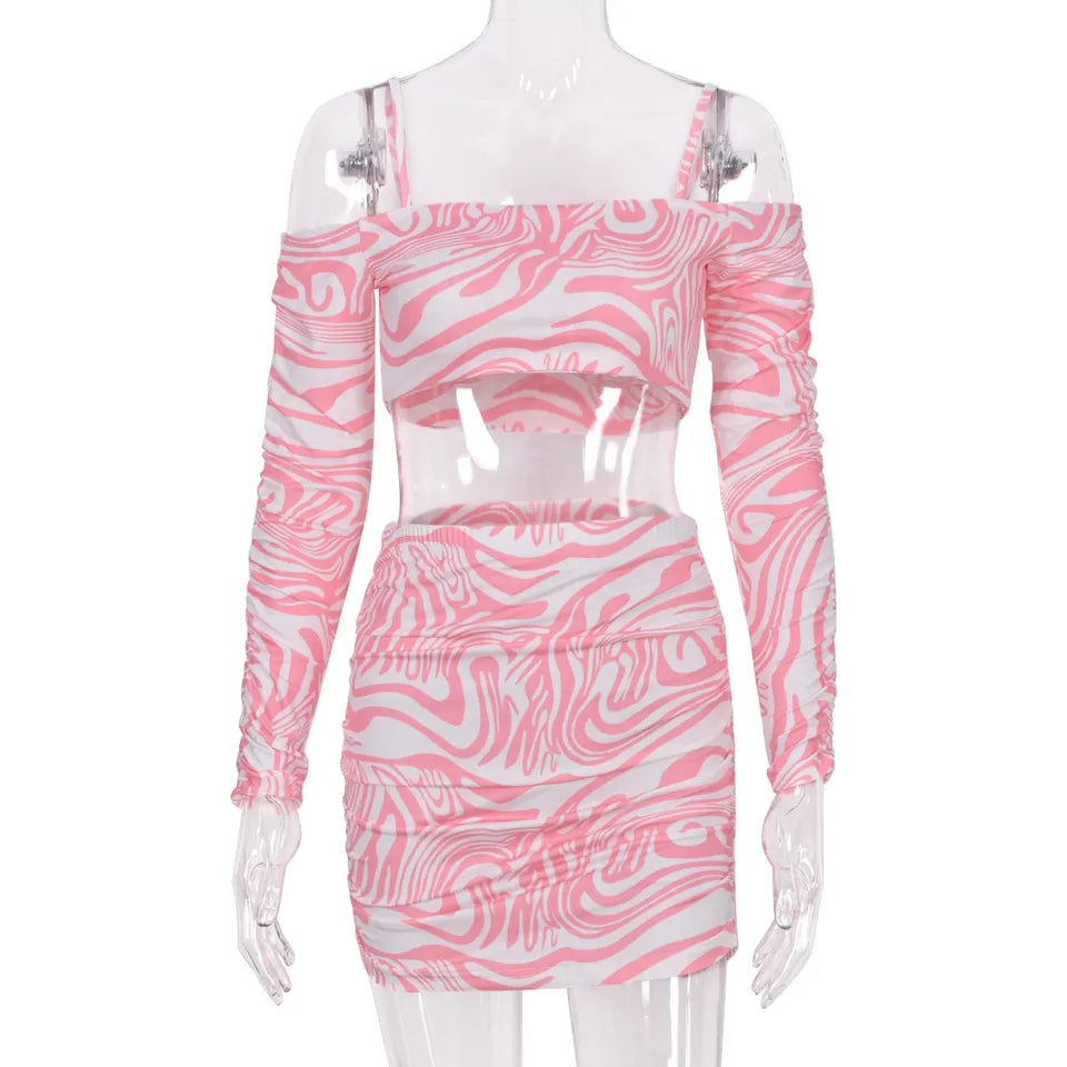2PCS Pink Off Shoulder Sling Long Sleeve Crop Top + Skirt