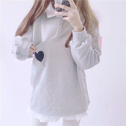 Cute Heart Embroidery Pocket Oversized Sweater Long Sleeve Shirt Pullover Hoodie Sweatshirt E-Girl Kawaii Korean Japanese Harajuku Retro Streetwear