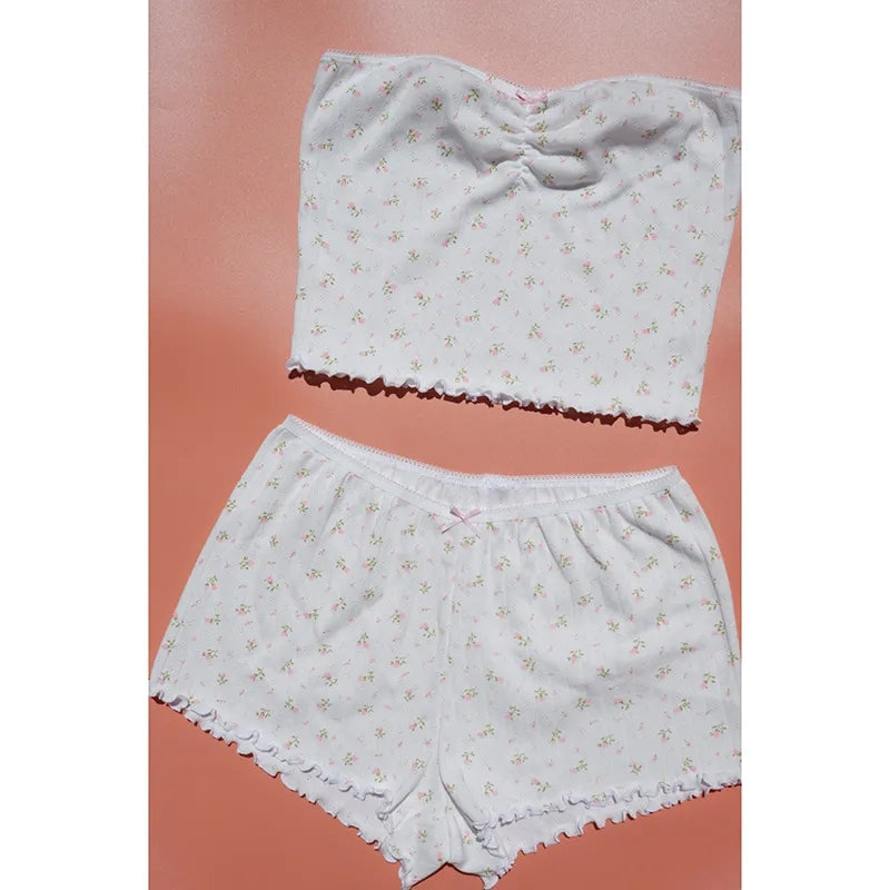 2PCS Pink Floral Print Frill Strapless Top + Shorts Set