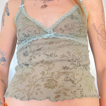 Floral Print Lace Trim Mesh Crop Top