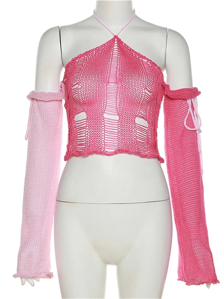 Pink Color Contrast Knit Long Sleeve Halter Top