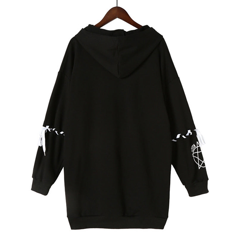 Cute Rabbit Evil Pentagon Lace Up Long Sleeve Hoodie Oversize Sweater Sweatshirt Pullover Jumper E-Girl Kawaii Korean Japanese Harajuku Streetwear