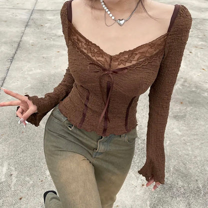 Brown Lace Trim V Neck Flare Long Sleeve Top