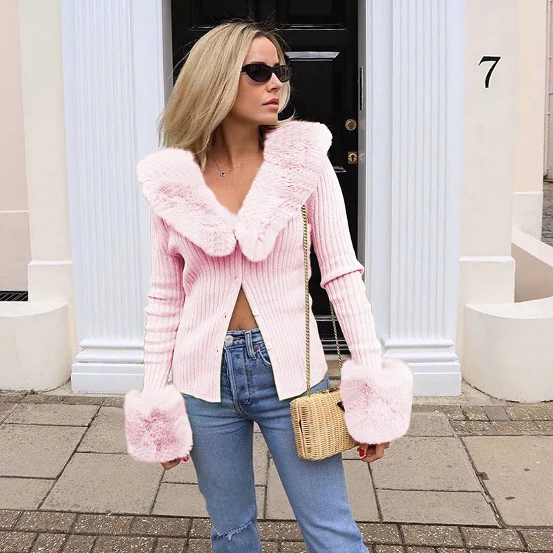 Pink Faux Fur Collar Long Sleeve Shirt