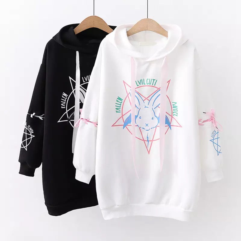 Cute Rabbit Evil Pentagon Lace Up Long Sleeve Hoodie Oversize Sweater Sweatshirt Pullover Jumper E-Girl Kawaii Korean Japanese Harajuku Streetwear