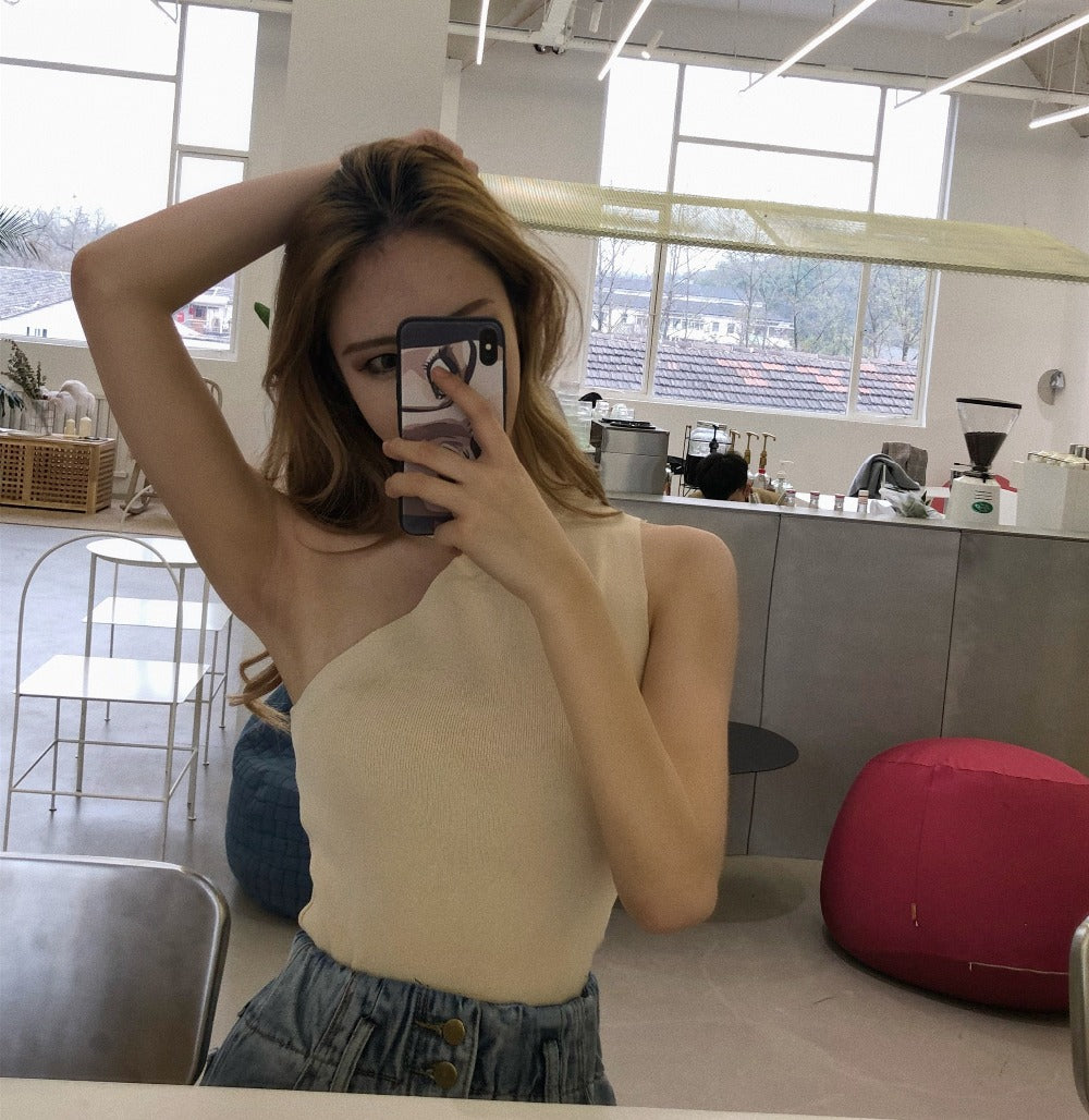 Cute Halter Neck Off Shoulder Crop Top Bodycon T-shirt Tee Shirt Blouse E-Girl Kawaii Korean Japanese Harajuku Retro Streetwear Aesthetic