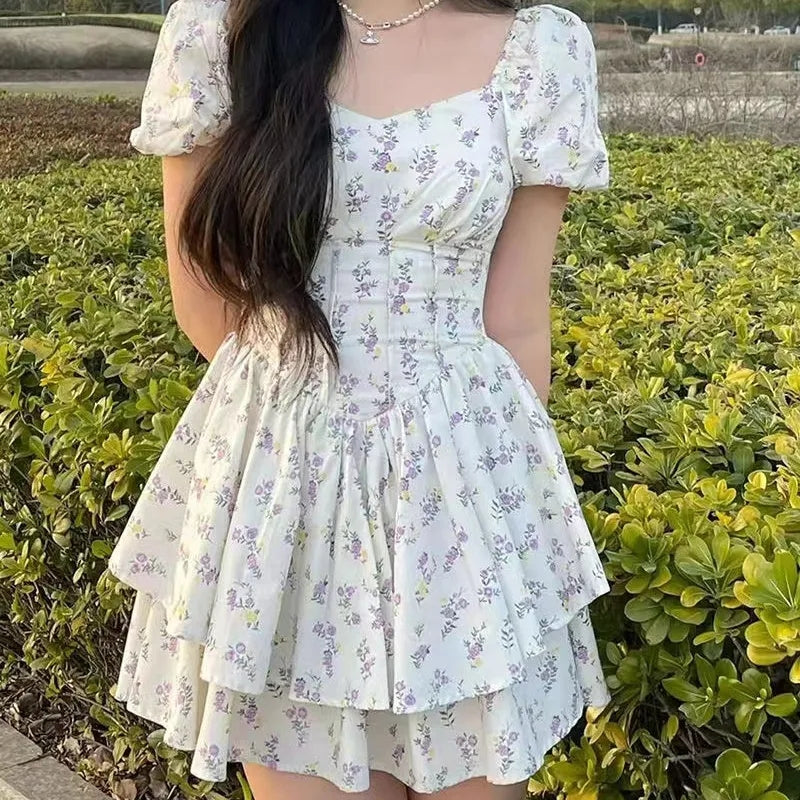 Floral Print Square Neck Puff Sleeve Dress