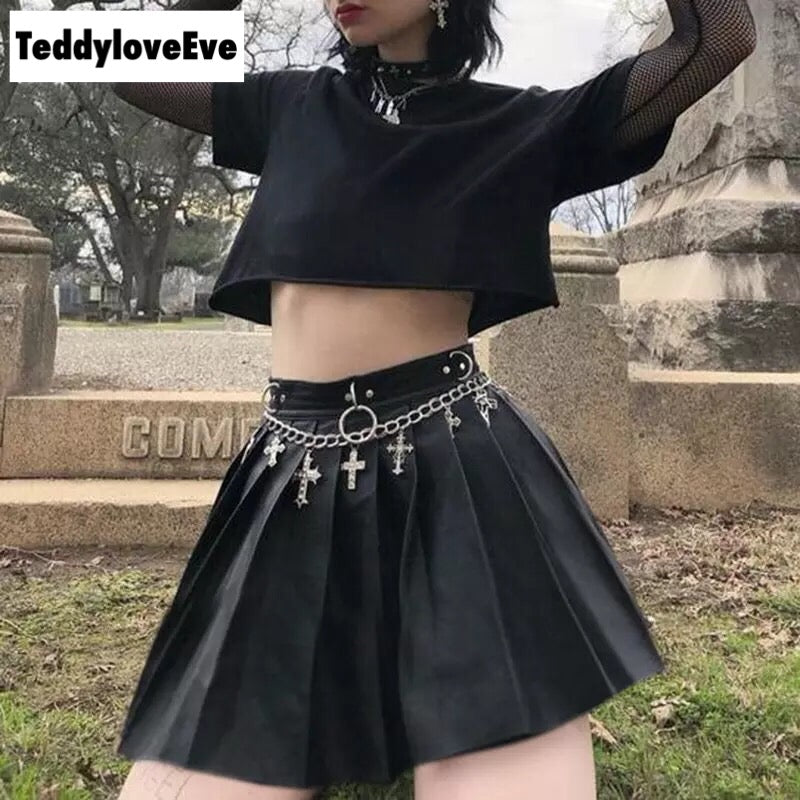 Sexy Black Goth Grunge Punk Summer Zipper Rivet Pleated PU Skirt Metal Ring Hallow Out E-Girl Kawaii Korean Japanese Harajuku Streetwear