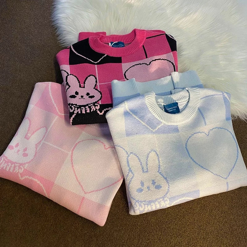 Cute Pink Bunny Rabbit Cartoon Knit Sweater Long Sleeve Pullover Jumper Aesthetic Casual E-Girl Kawaii Korean Japanese Harajuku