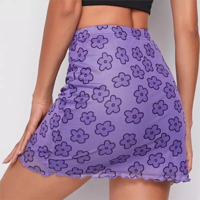 Cute Sexy 90s Boho Retro Vintage Green Flower Mesh Trim A-line Mini Skirt Bottoms Aesthetic E-Girl Kawaii Korean Japanese Harajuku Streetwear