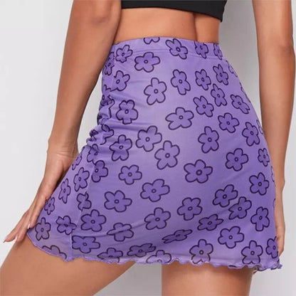 Cute Sexy 90s Boho Retro Vintage Green Flower Mesh Trim A-line Mini Skirt Bottoms Aesthetic E-Girl Kawaii Korean Japanese Harajuku Streetwear