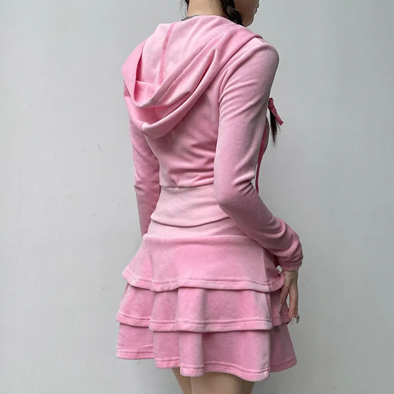 2PCS Pink Zipper Hoodie + Tiered Mini Skirt Set