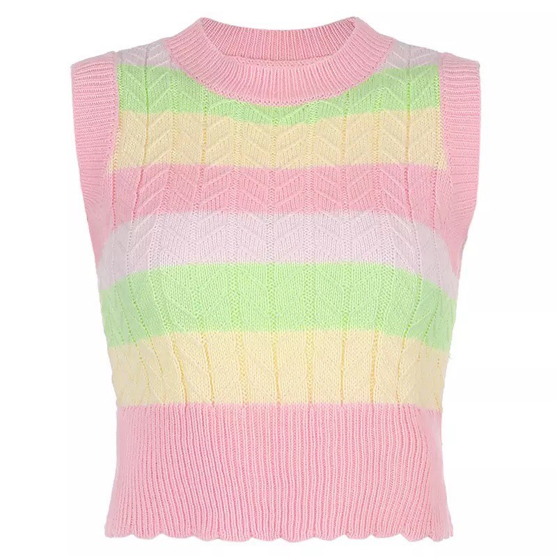 Cute Pink Rainbow Stripe Tie Dye Sleeveless V Neck Knit Vest Sweater Top Pullover Autumn Aesthetic E-Girl Kawaii Korean Japanese Harajuku Streetwear